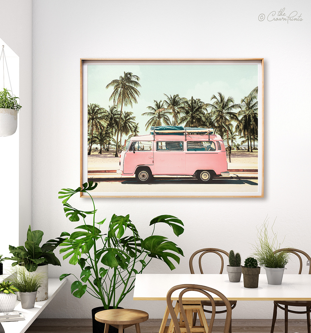 Pink VW Bus Love - horizontal wall art - The Crown Prints