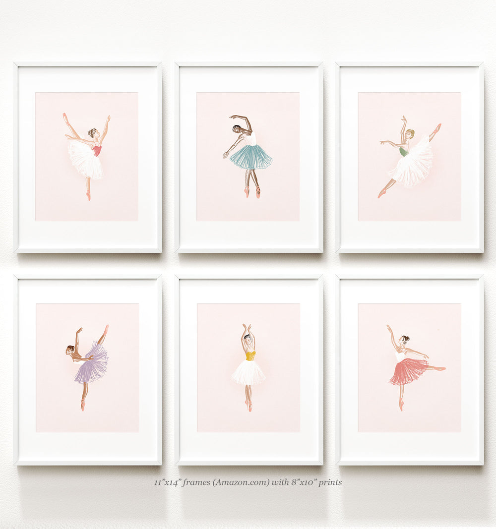 Ballerina art prints featuring pink backgrounds with colorfully sketched ballet dancers in various poses. Set of 6 prints pictured in white matted frames.