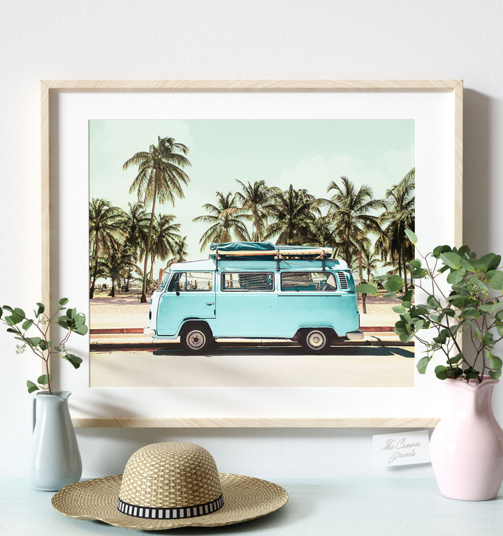 Blue VW Bus with Palm Trees - Horizontal