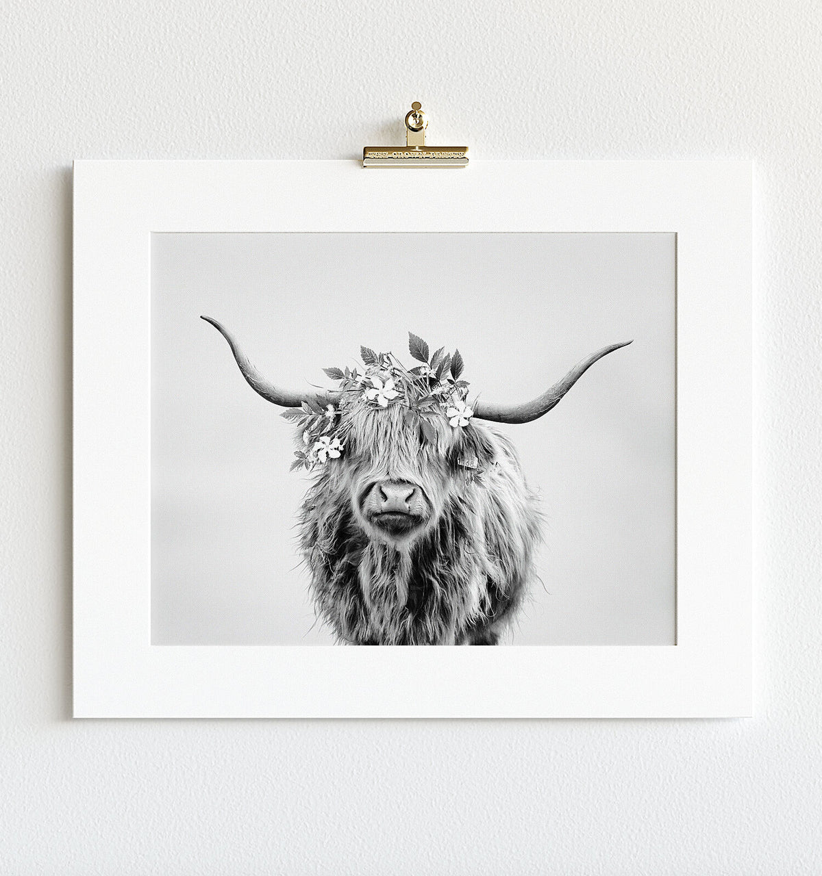 Highland Cow with Flower Crown in Black and White Horizontal