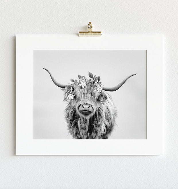 Highland Cow with Flower Crown in Black and White Horizontal