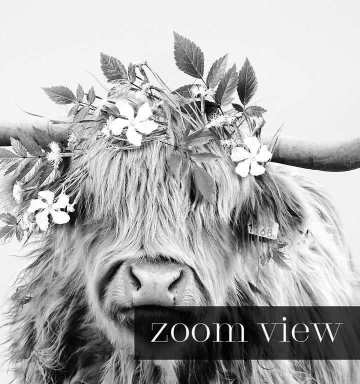 Highland Cow with Flower Crown in Black and White Horizontal