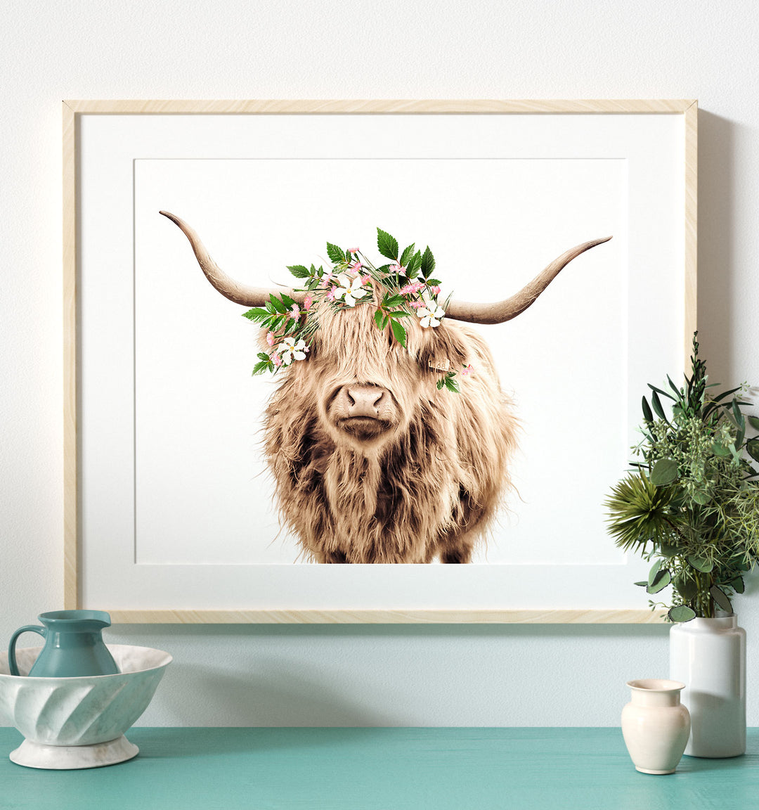 Highland Cow with Flower Crown and White Background - Horizontal