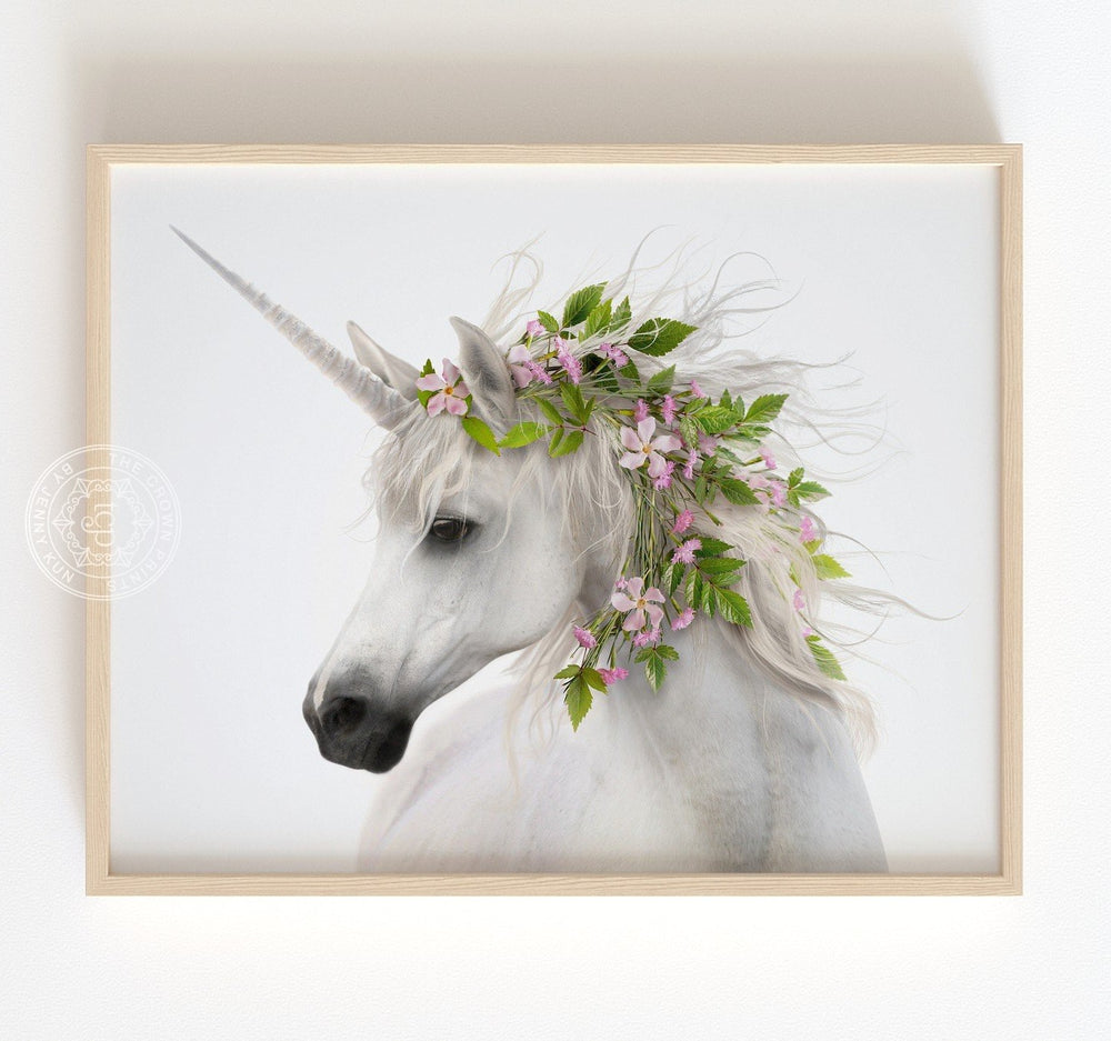 White unicorn wearing a flower crown fine art print