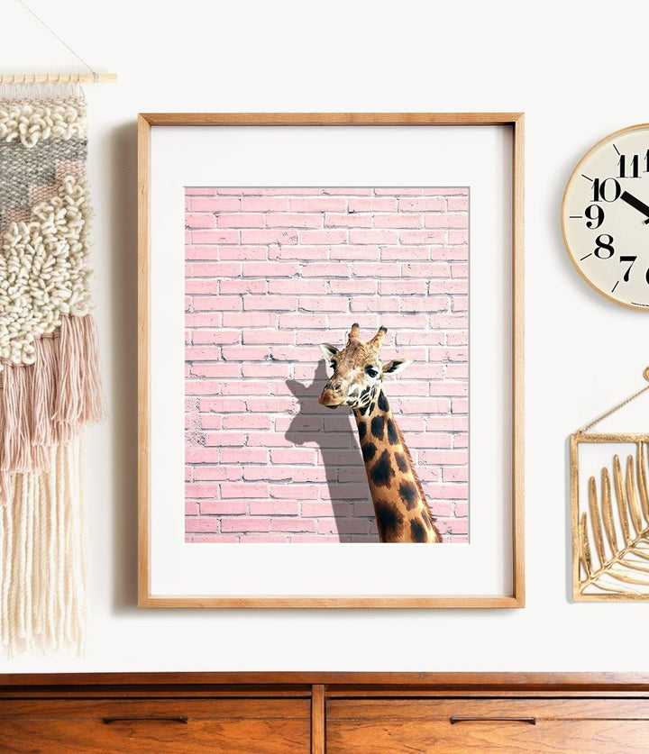 Giraffe on a Pink Wall Print - The Crown Prints