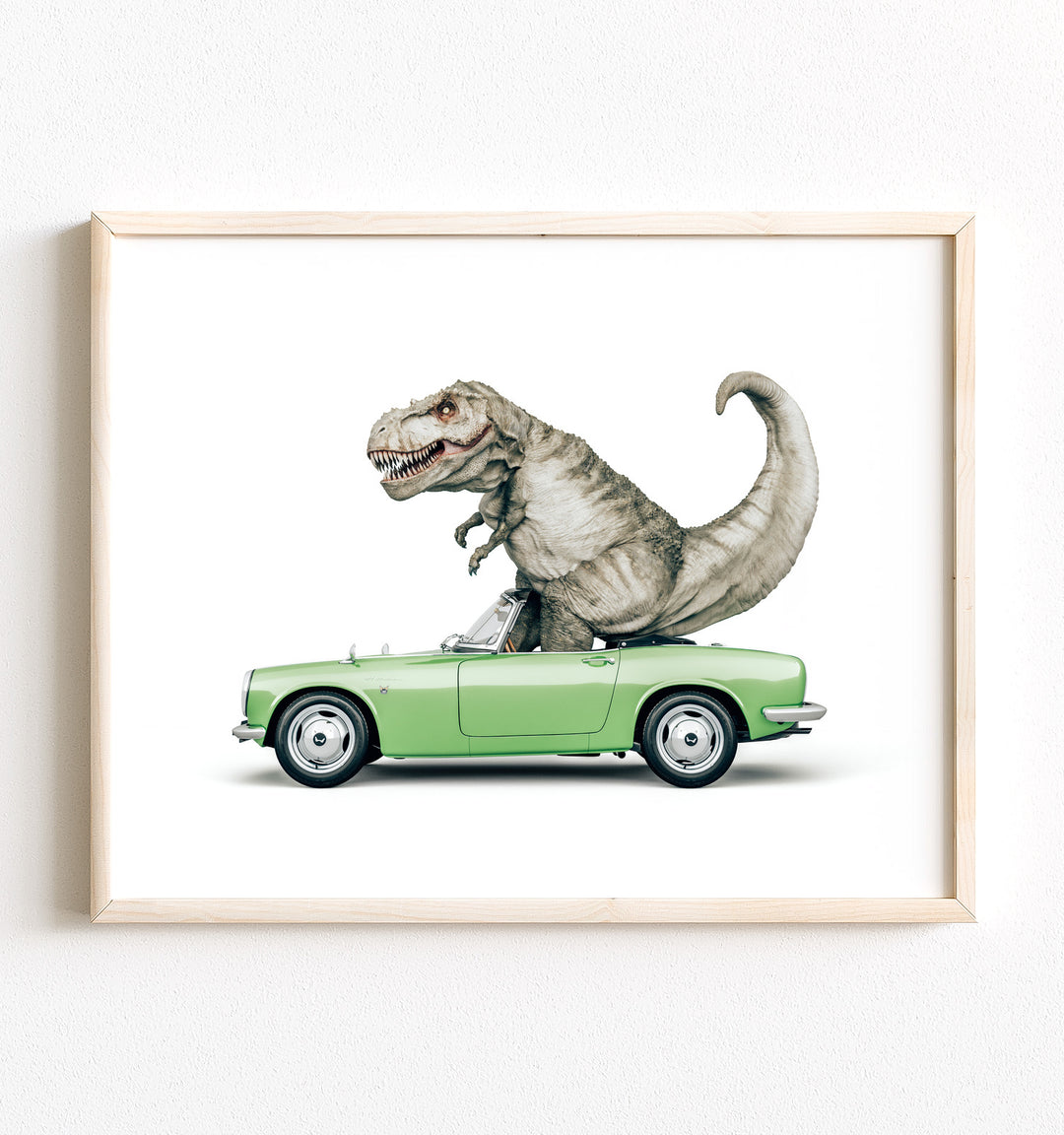 Dinosaur art print of a Tyrannosaurus rex - t-rex - riding in a green convertible car against a white background.