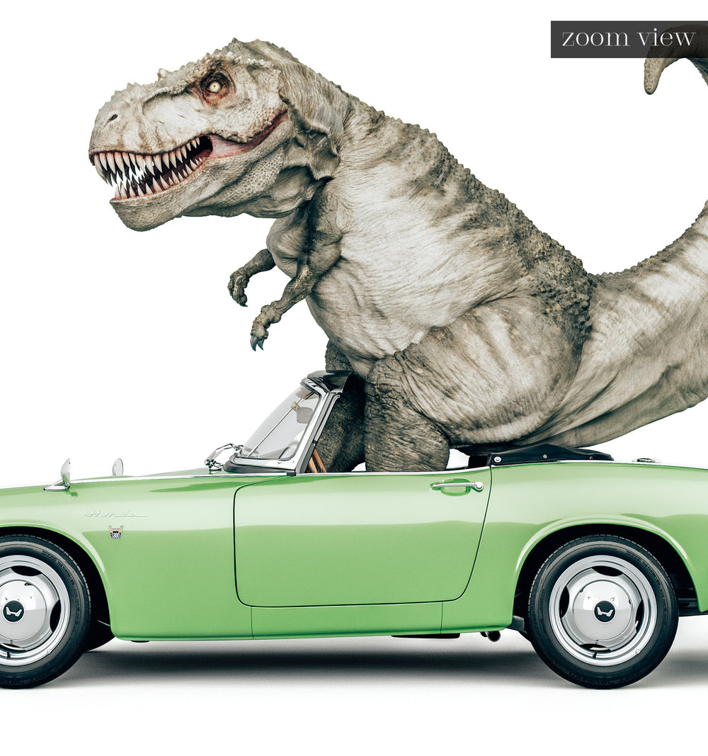 Dinosaur art print of a Tyrannosaurus rex - t-rex - riding in a green convertible car against a white background