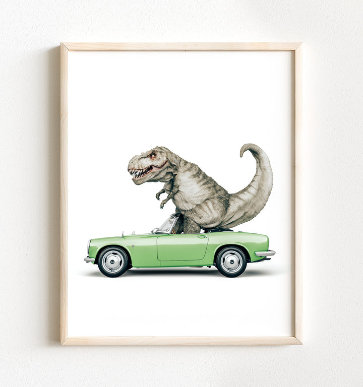 Dinosaur art print of a Tyrannosaurus rex - t-rex - riding in a green convertible car against a white background