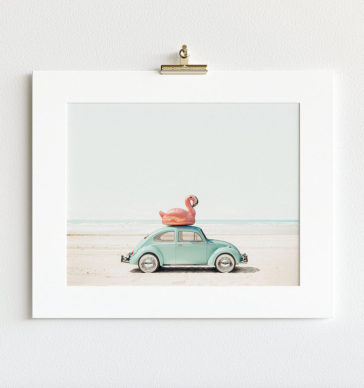 A Beetle and a Flamingo at the Beach Horizontal